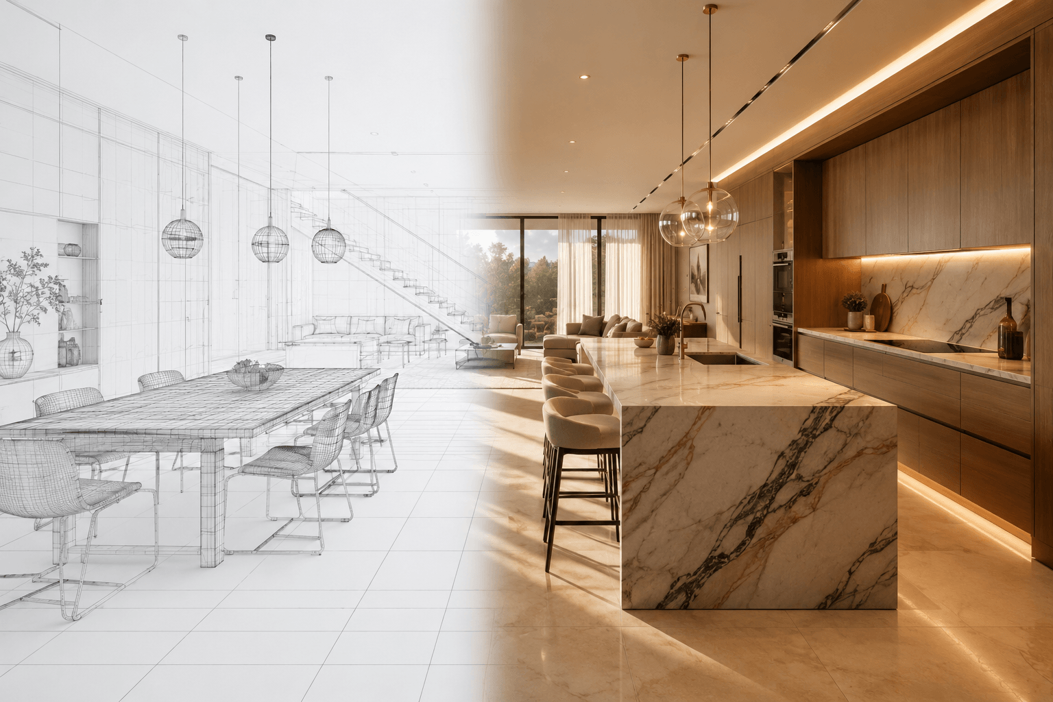 A side-by-side comparison showcasing the incredible 3D interior rendering benefits, transforming an unbuilt luxury kitchen concept into a hyper-realistic digital twin by Laya Design Studio.
