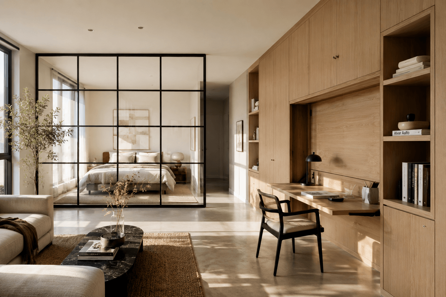 Bright, open-concept studio apartment displaying highly functional interior design for small apartments with custom multi-purpose furniture by Laya Design Studio.