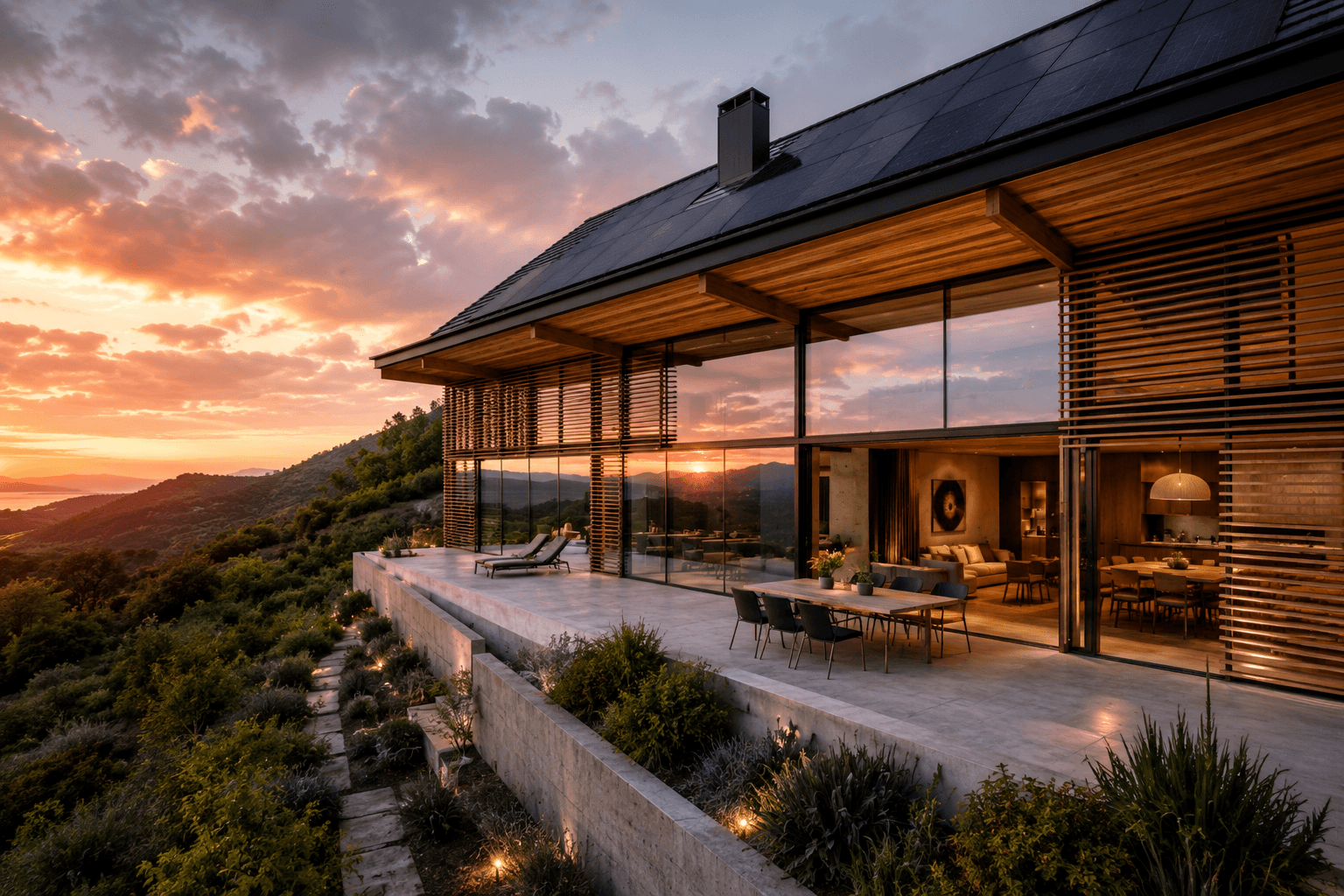 Modern eco friendly home highlighting innovative sustainable architecture trends like solar skin integration and cross-ventilated timber frames by Laya Design Studio.